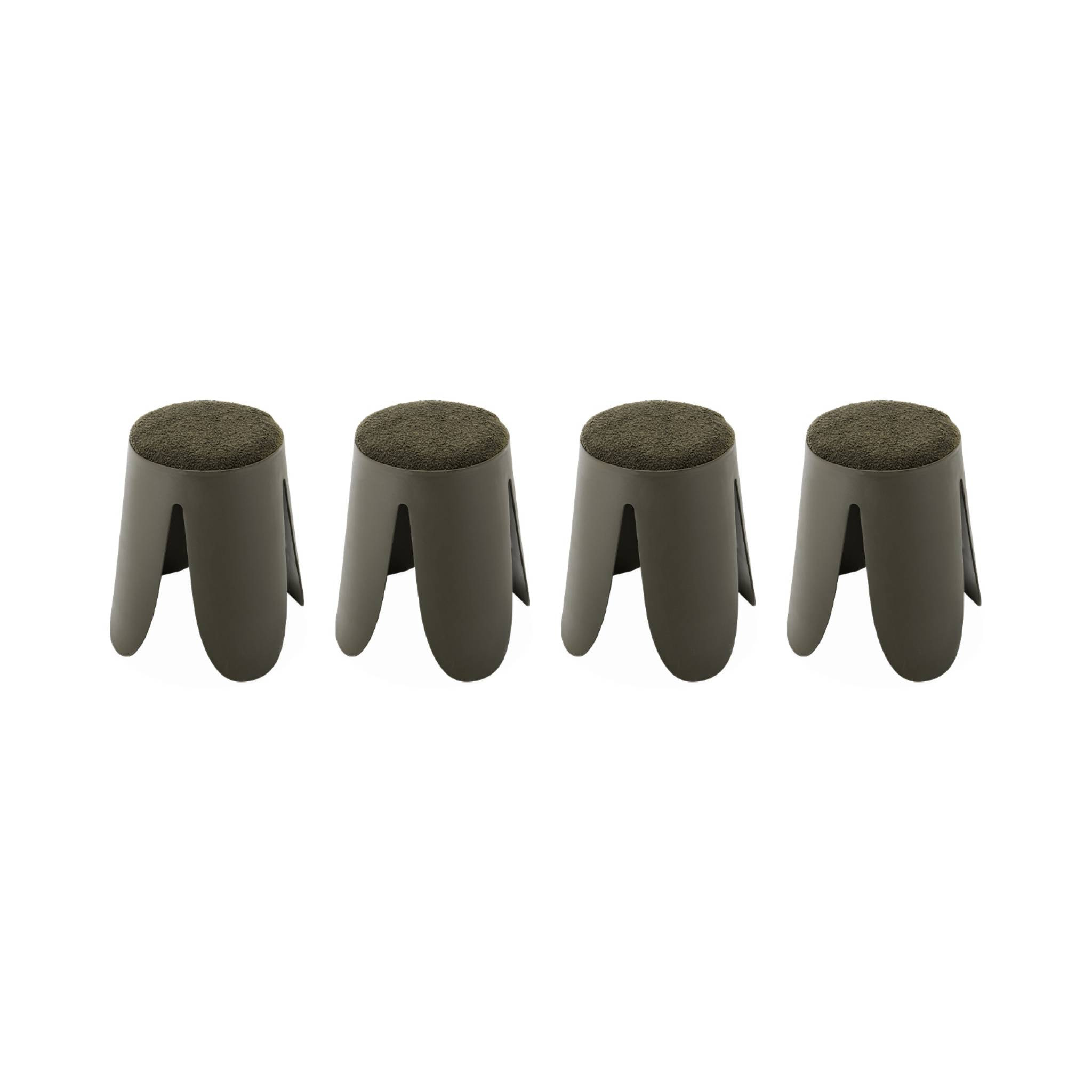 Set de 4 tabourets empilables kaki foncé. bouclette texturée. NIKI. Ø30 / 44 x H46cm