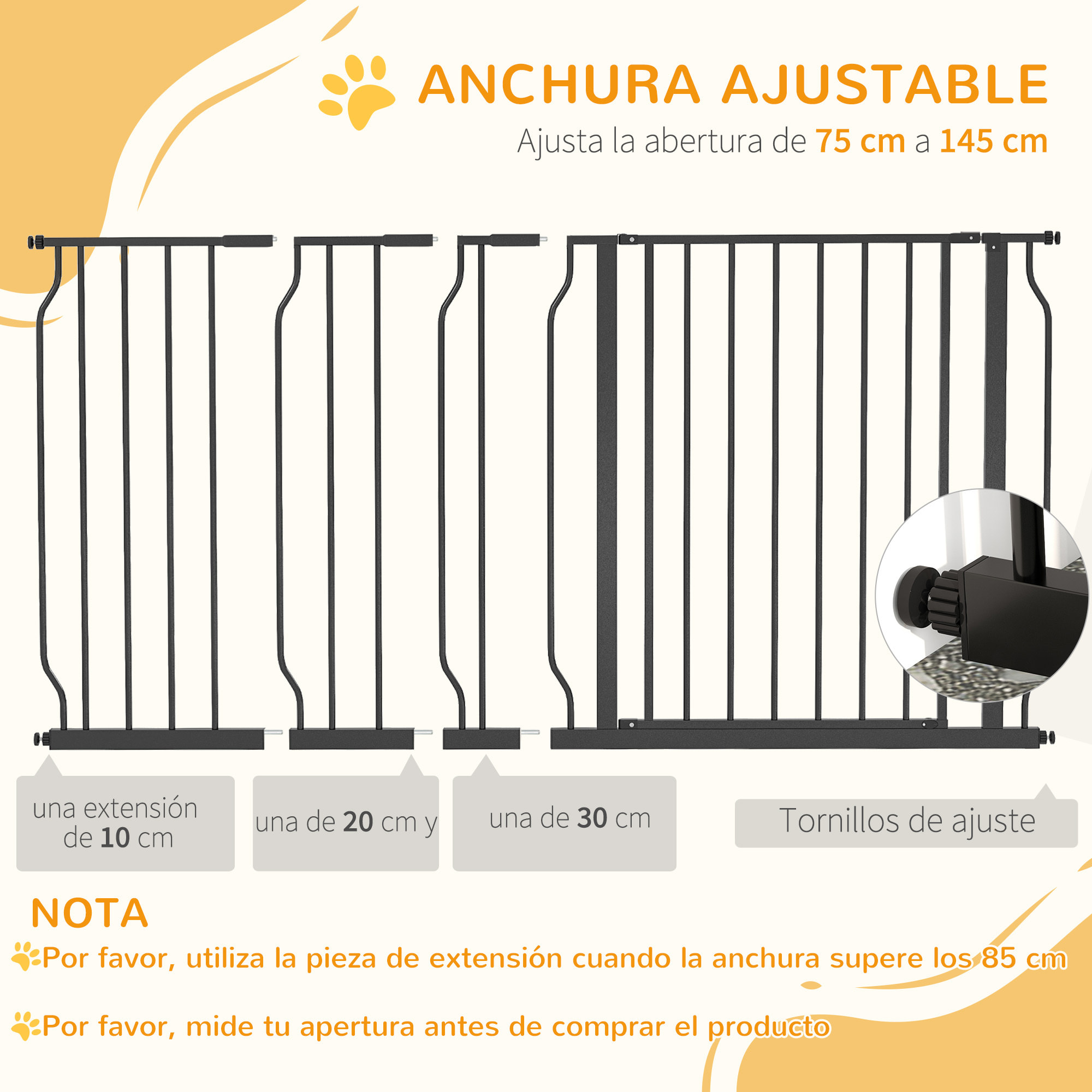 Barrera de Seguridad para Perros Extensible 75-145 cm para Puertas y Escaleras Puerta de Seguridad para Mascotas con Extensiones Montaje a Presión y Doble Bloqueo Negro