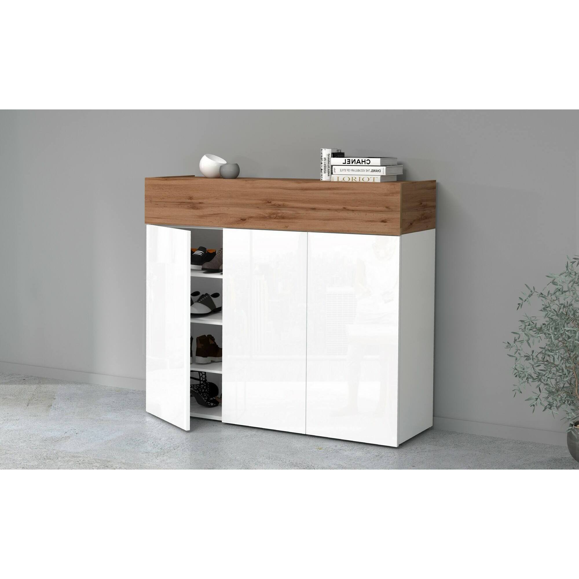 Scarpiera Griselda, Porta scarpe salvaspazio a 4 ante, Armadio multifunzione da ingresso, 114x38h100 cm, Bianco e Rovere