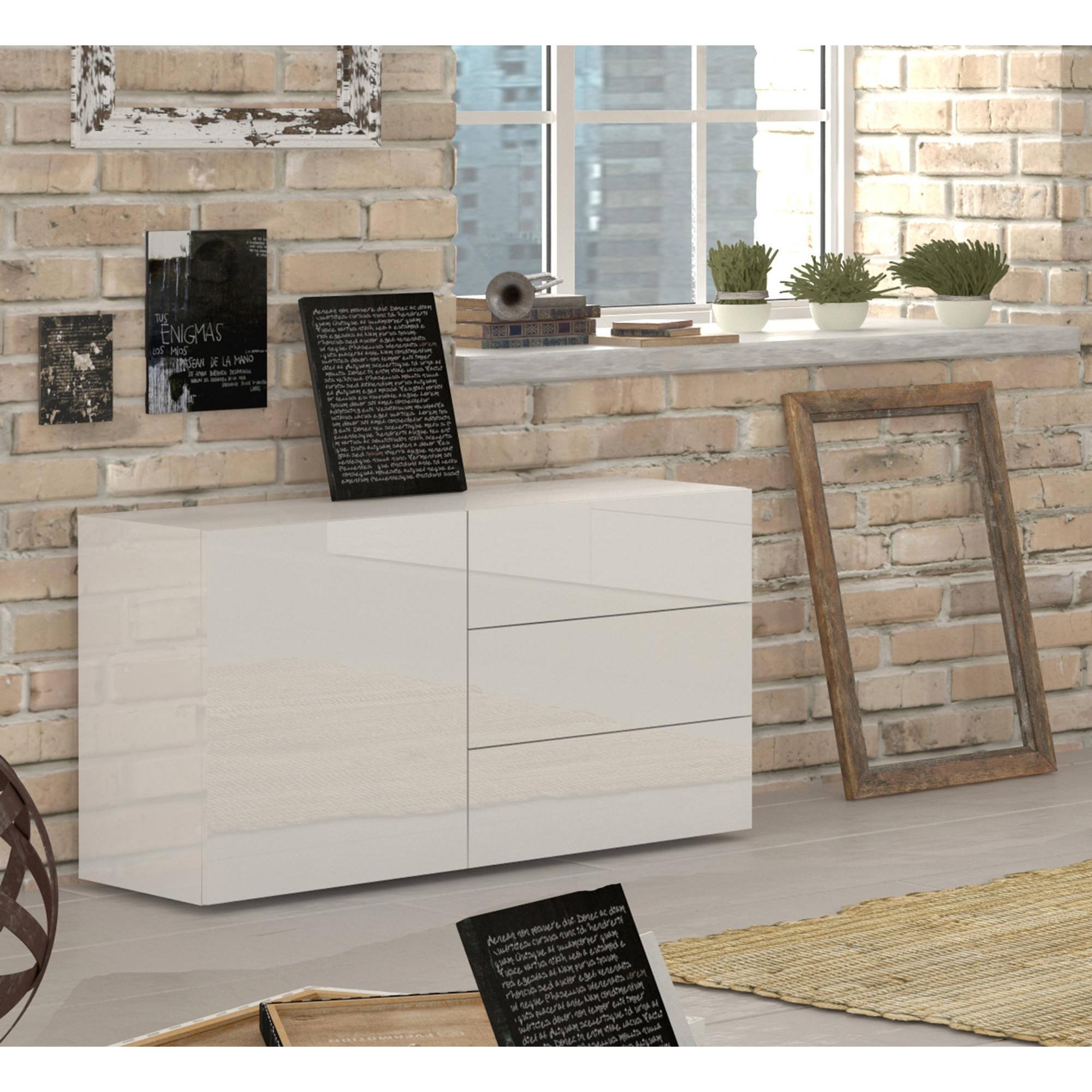 Credenza moderna a 1 anta e 3 cassetti, Made in Italy, Madia da cucina, Buffet di design da soggiorno, cm 110x40h35, colore Bianco lucido