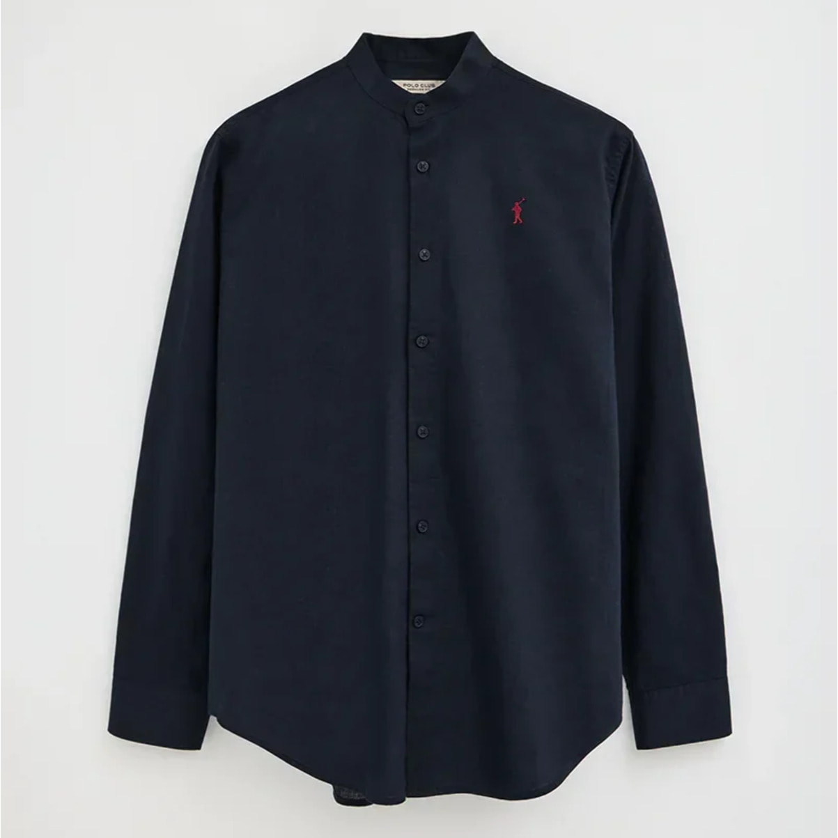 Camicia cotolino blu marino con collo alla coreana, regular fit e ricamo Rigby Go