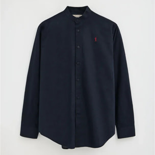 Camicia cotolino blu marino con collo alla coreana, regular fit e ricamo Rigby Go