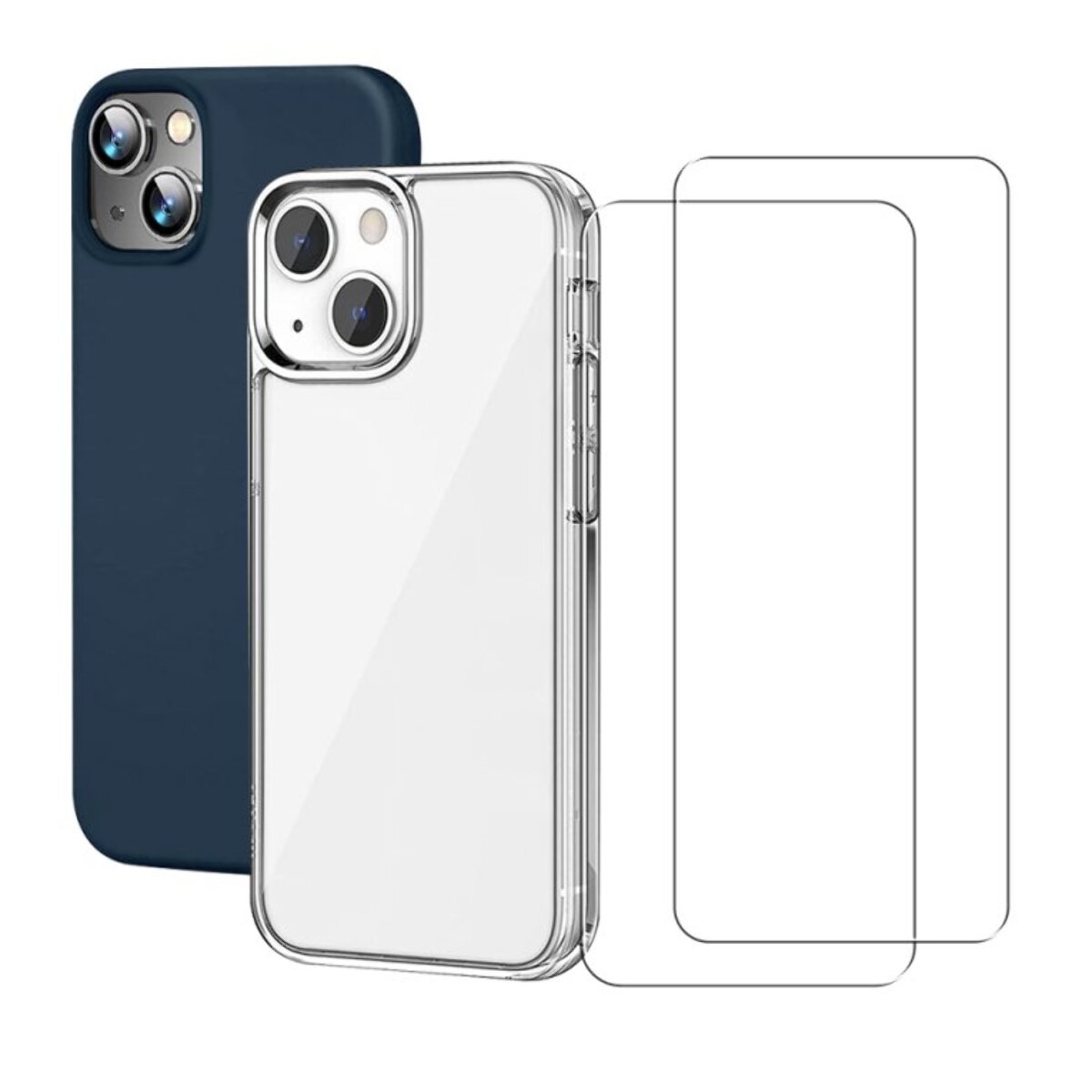 Lot de 2 Coques iPhone 13 Transparente et Bleue Antichoc Silicone + 2 Vitres en verre trempé Protection écran