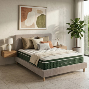Ensemble matelas Jade & lit fixe Colisée | Mémoire de forme et ressorts ensachés | cadre à lattes | Bouclette | Olive