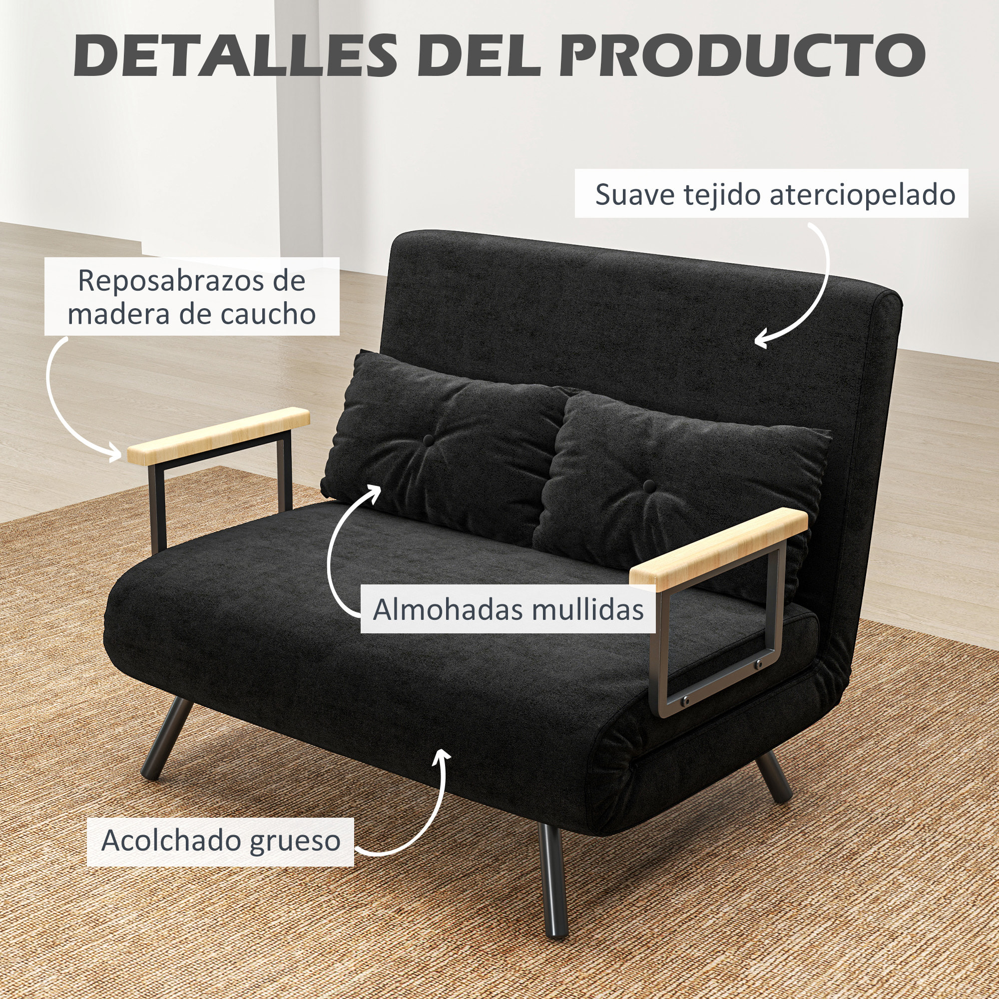 Sofá Cama de 2 Plazas 4 en 1, Sofá Cama Plegable Tapizado en Terciopelo con Respaldo Ajustable de 5 Niveles y Almohadas Acolchadas, para Oficina, Dormitorio, Salón, 102x73x81 cm, Negro