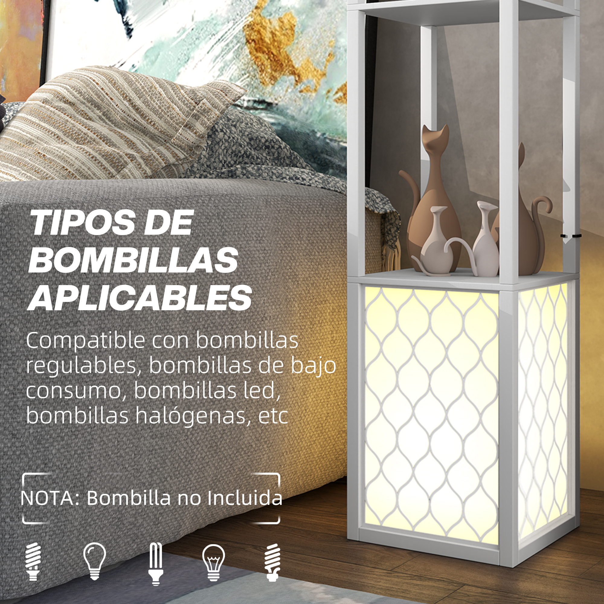 Lámpara de Pie Moderna con Estantes, Lámpara de Pie para Salón Casquillo E27, 40 W, con Pantallas de Tela de Malla e Interruptor de Cadena, para Dormitorio, Oficina y Sala de Estar, Blanco