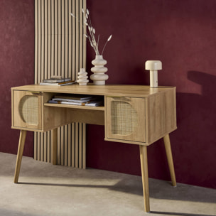 Bureau effet bois et cannage 2 portes EVA naturel 120 x 55 x 76.5 cm
