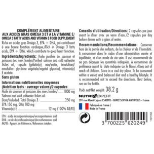 NUTRI EXPERT - Oméga 3 - Fonctionnement cérébral + cardiovasculaire - Riche en acides gras Oméga 3, EPA + DHA - Huile purifiée de poissons des mers froides - Cure 30 jours - Marque Française - Lot de 3