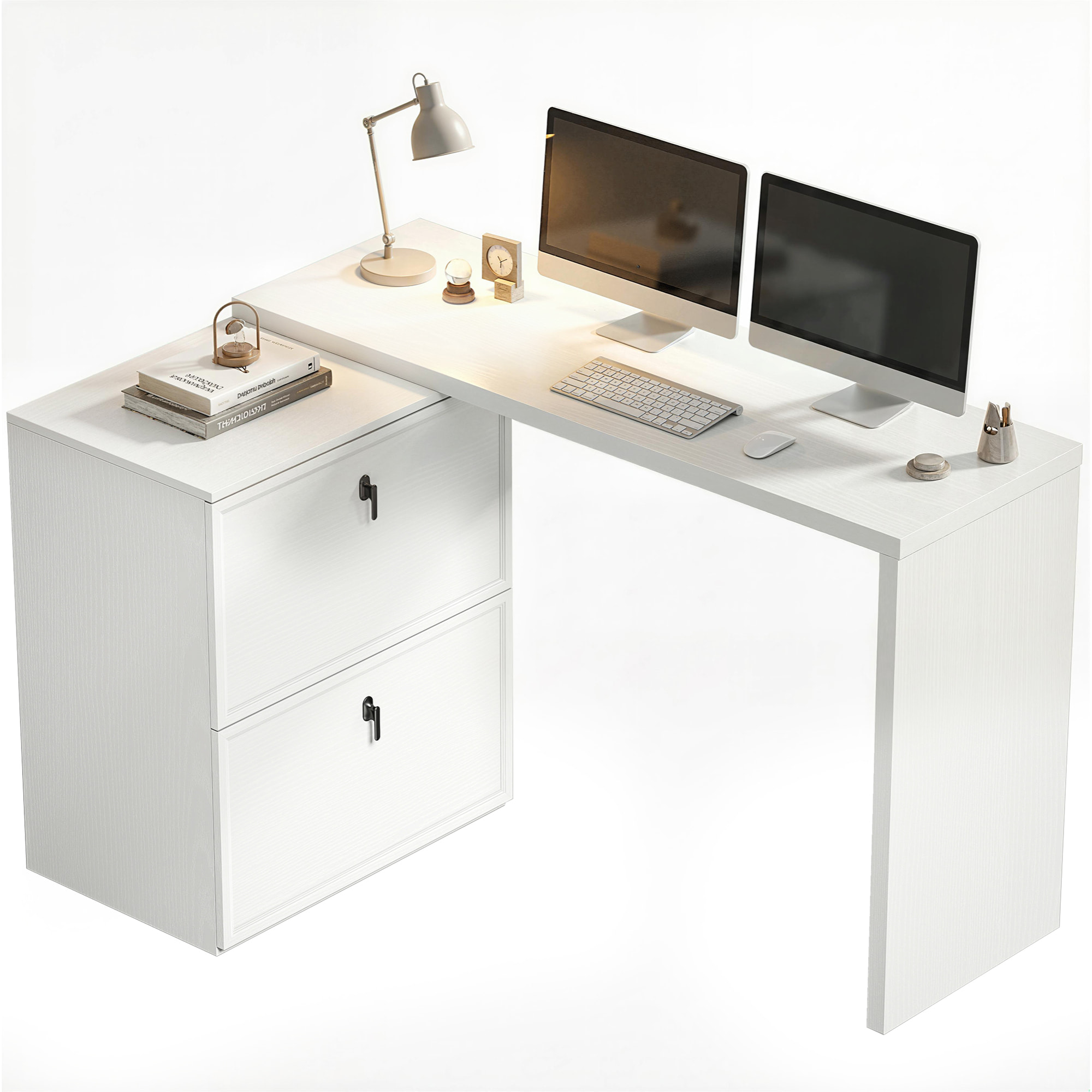 Escritorio Reversible en Forma de L, Mesa de Escritorio con 2 Cajones Archivadores, Diseño Moderno para Espacios Pequeños, Oficina en Casa, Blanco