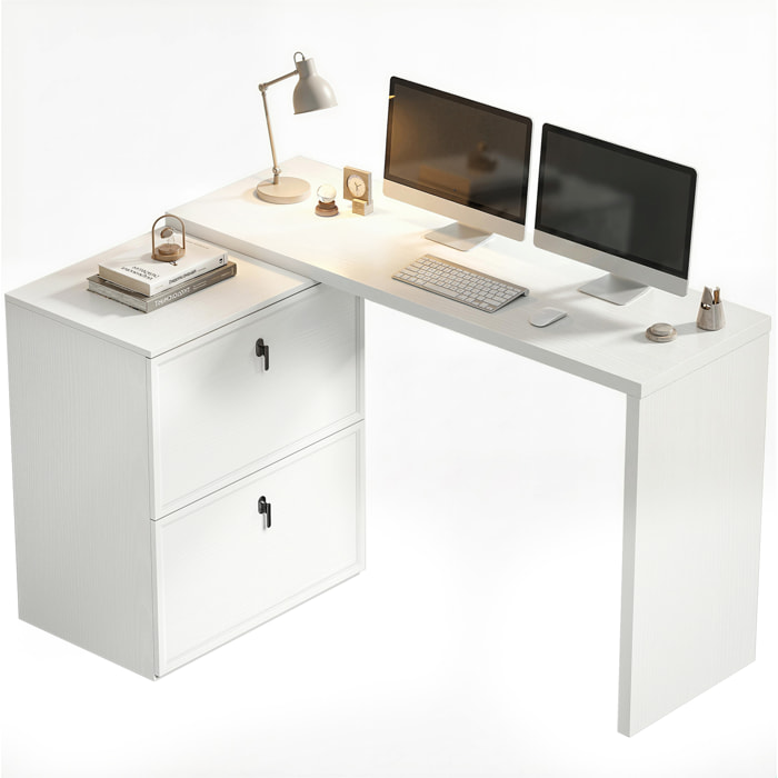 Escritorio Reversible en Forma de L, Mesa de Escritorio con 2 Cajones Archivadores, Diseño Moderno para Espacios Pequeños, Oficina en Casa, Blanco