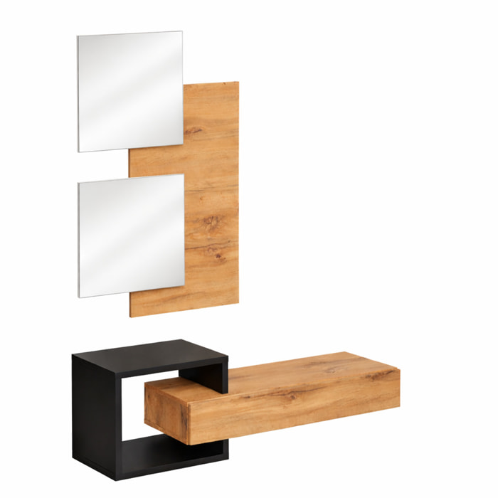 Set Ingresso Moderno Con Specchi Pensile A Giorno Mensola Con Cassetto Salvaspazio Mobile Da Parete 100 x 160 x 30 Cm Nero E Rovere