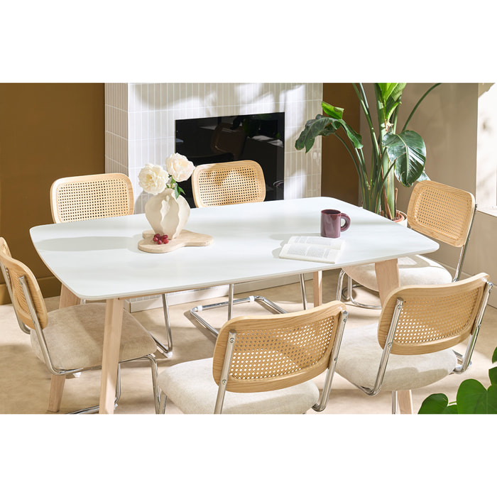 Table à manger scandinave blanc et bois clair rectangulaire L150 cm LEENA