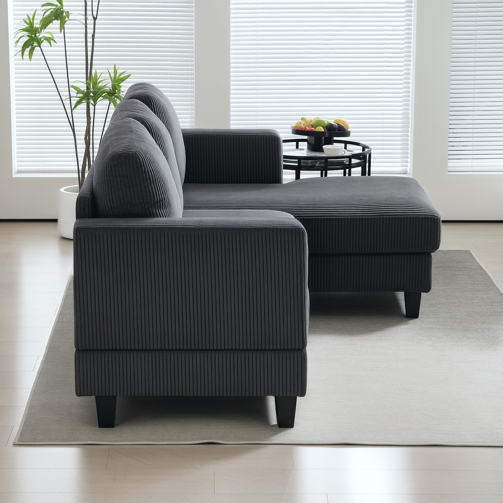 Canapé d'angle 3 places en velours côtelé dim. 214 x 134 cm gris