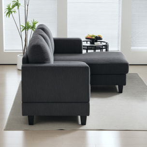 Canapé d'angle 3 places en velours côtelé dim. 214 x 134 cm gris