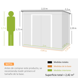 Caseta de Jardín Exterior 2,4 m², 213x130x172 cm, Cobertizo de Jardín Exterior Metálico con Puerta Corredera, Techo Inclinado, Base Refuerzo (Suelo NO Incluido) y 2 Ventanas, Gris Oscuro