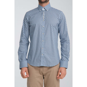Camicia Uomo 1 Bottoni Button Down Slim Popeline Stretch Stampato Blu/Celeste