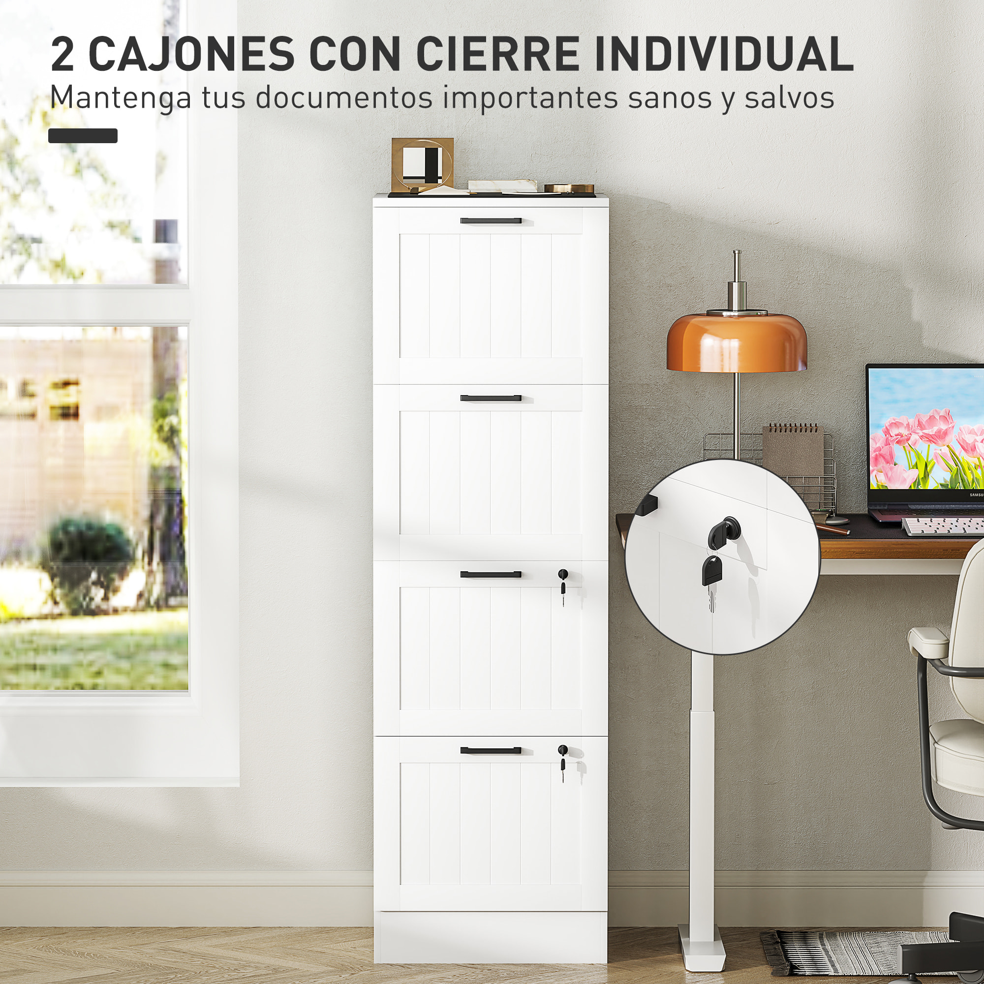 Cajonera Escritorio con 4 Cajones, Cajonera de Oficina, Mueble Archivador, con 2 Cerraduras, Riel Colgante para A4 y Carta, 40x40x131 cm, Blanco