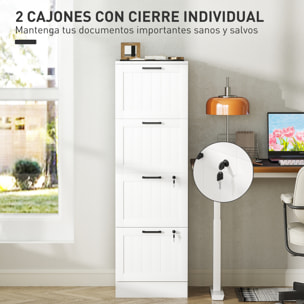 Cajonera Escritorio con 4 Cajones, Cajonera de Oficina, Mueble Archivador, con 2 Cerraduras, Riel Colgante para A4 y Carta, 40x40x131 cm, Blanco