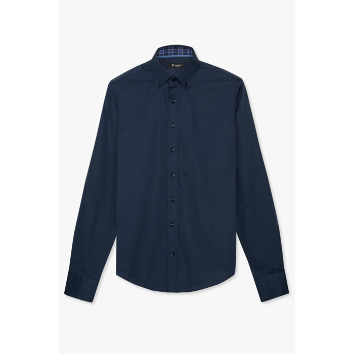 camicia uomo 1 bottone button down slim Popeline Stretch Unito Blu