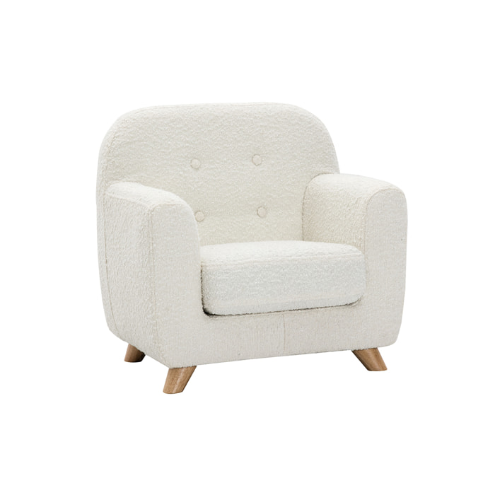 Fauteuil enfant scandinave en tissu effet laine bouclée blanc et bois clair NORKID