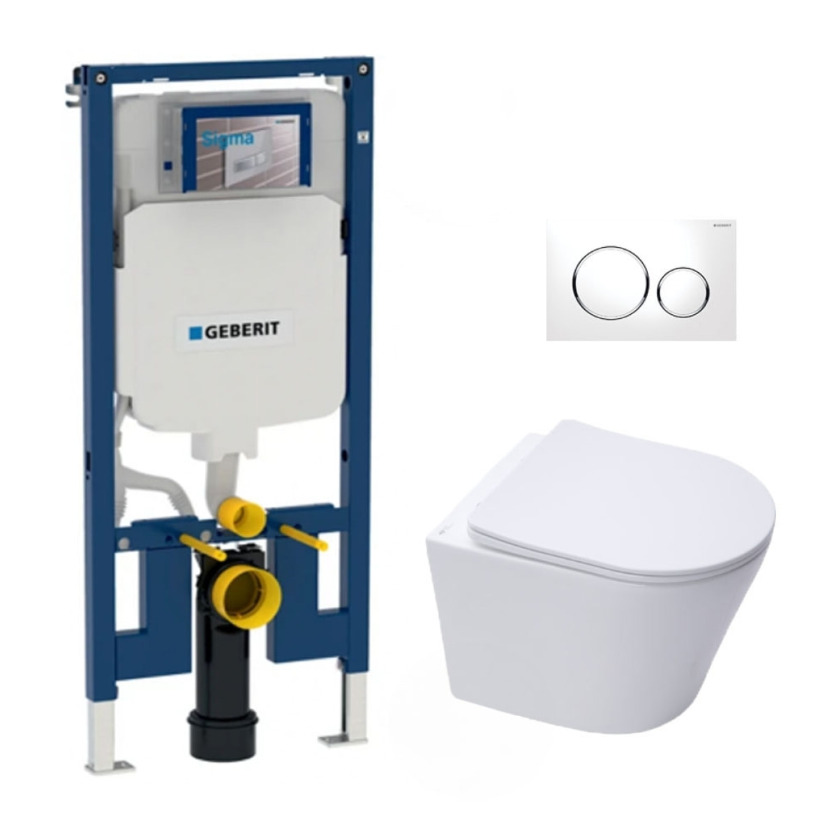 Pack WC sans bride Infinitio + Abattant softclose slim + Bâti support Geberit Extra-plat UP720 + Plaque Blanche