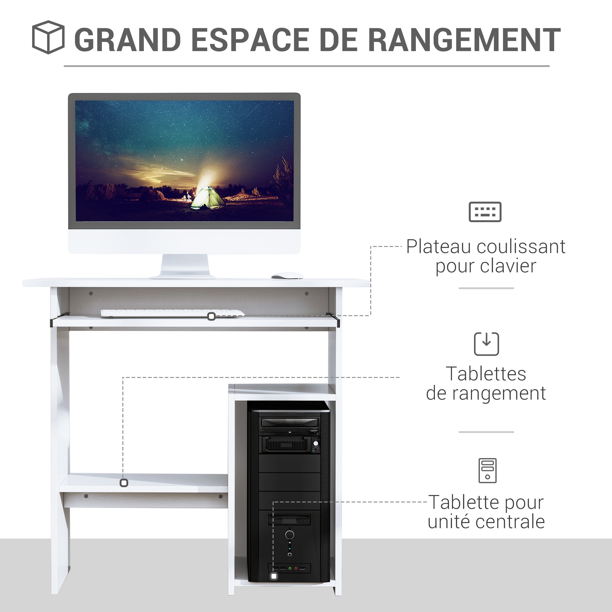 Bureau informatique compact 80 x 45 x 75 cm - espace unité centrale, étagère, tablette clavier - effet bois blanc