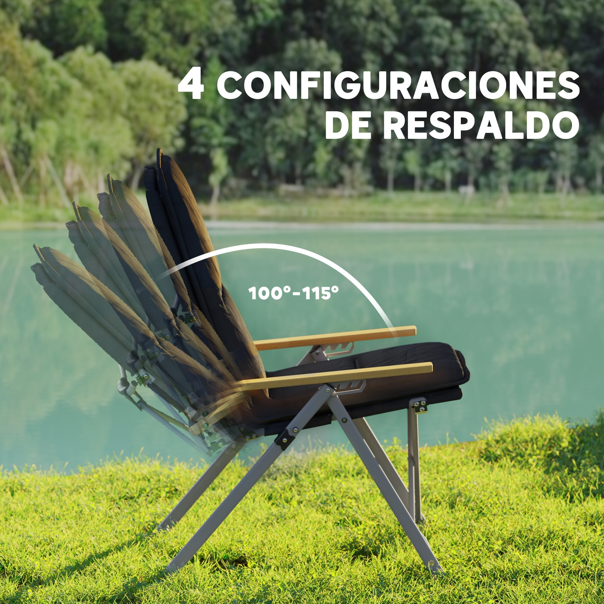 2 Sillas de Camping Plegables de Aluminio Sillas de Jardín Portátiles con Respaldo Alto Ajustable Reposabrazos de Madera y Bolsa de Transporte para Exterior 59x67x96 cm Negro