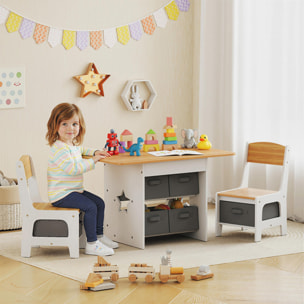 Mesa Infantil con 2 Sillas, Mesa y Sillas Infantil con 6 Cajones de Tela, Diseño Estrellas, para Niños y Niñas de 3-8 Años, para Hogar, Guardería, Aulas, Natural