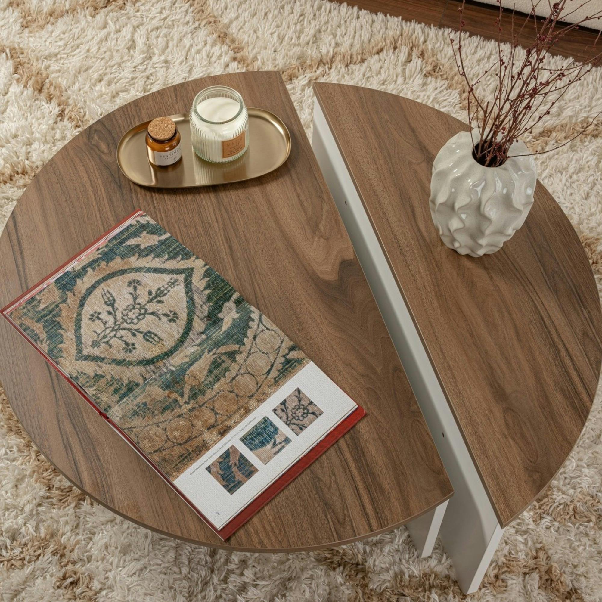 Table basse moderne plateau effet noyer - 2 hauteurs MARFA