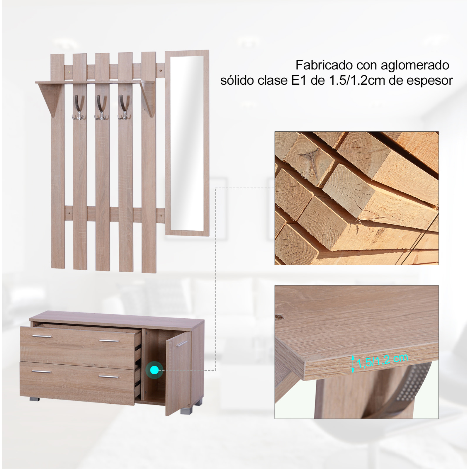 Pack 3 Muebles de Entrada Pasillo 90x21,5x116cm Roble