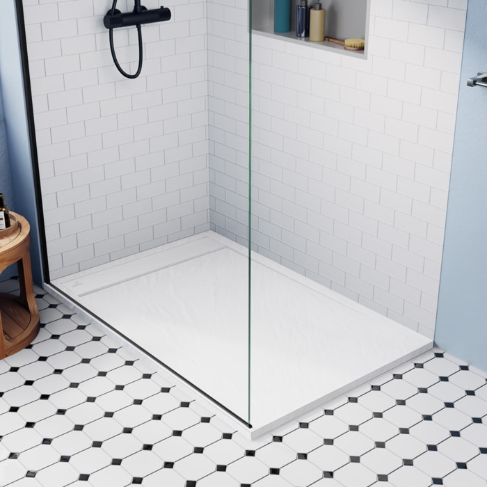 Alda Receveur de douche 120x80cm + Siphon Eslim90. Pierre de synthèse, blanc mat (ALD15-12080B-S)