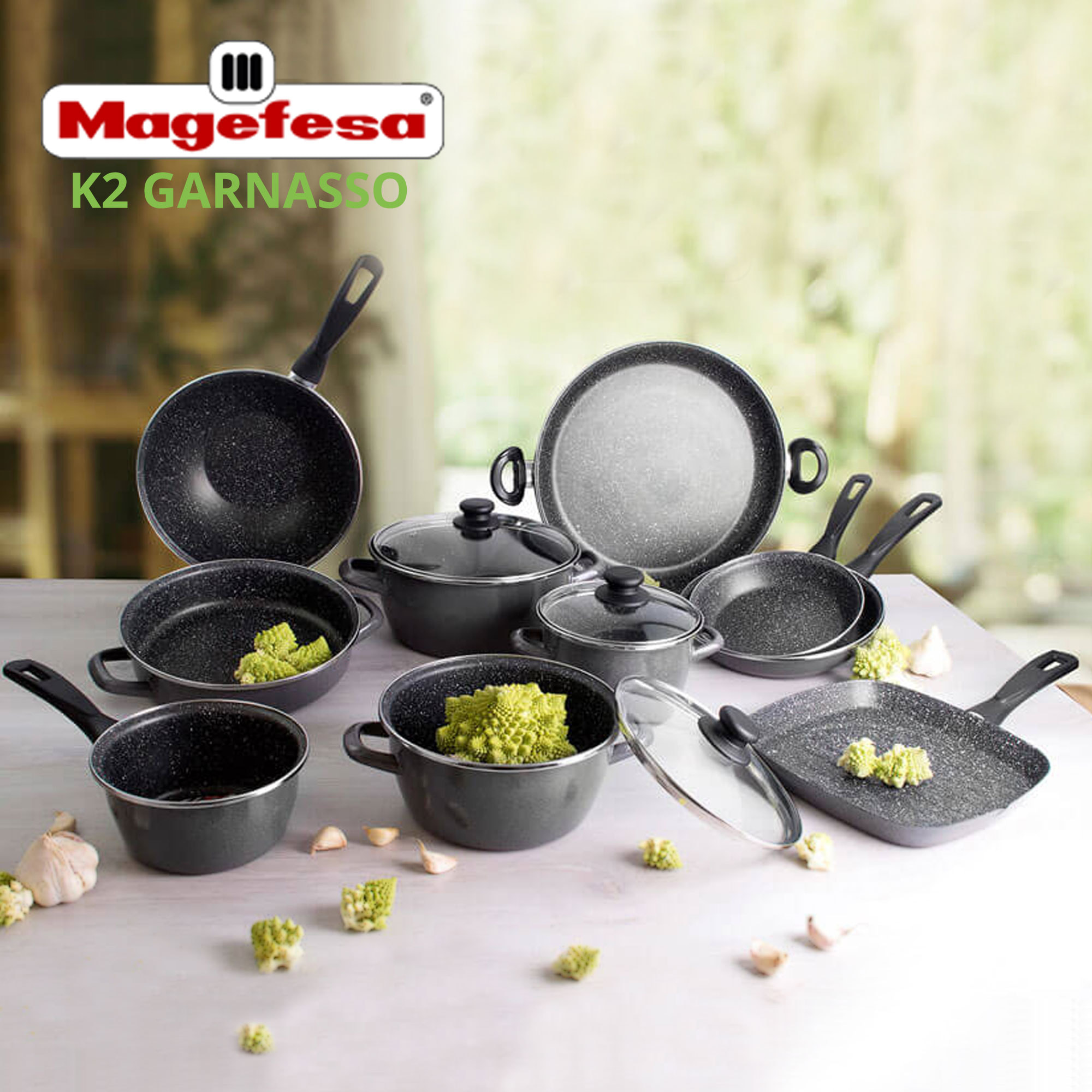 Magefesa K2 Gransasso - Set Juego 3 Sartenes 18-20-24 Cm, Antiadherente mármol