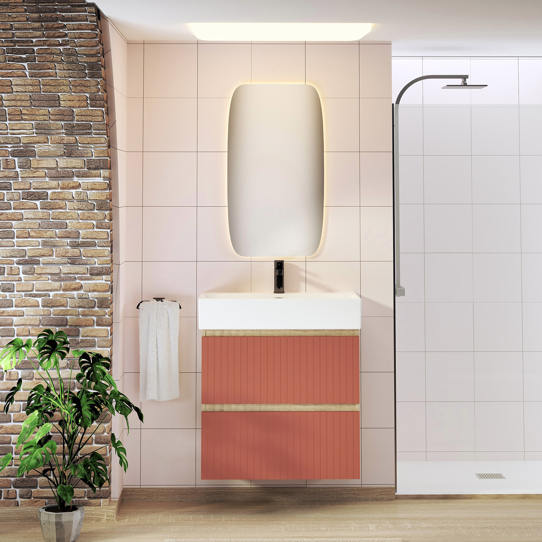 ENSEMBLE DE SALLE DE BAIN ZEL | MEUBLE SUSPENDU | 70 CM ÉCARLATE | DEUX TIROIRS | LAVABO ENCASTRÉ | MIROIR NON INCLUS | MEUBLE MONTÉ | ALDAY