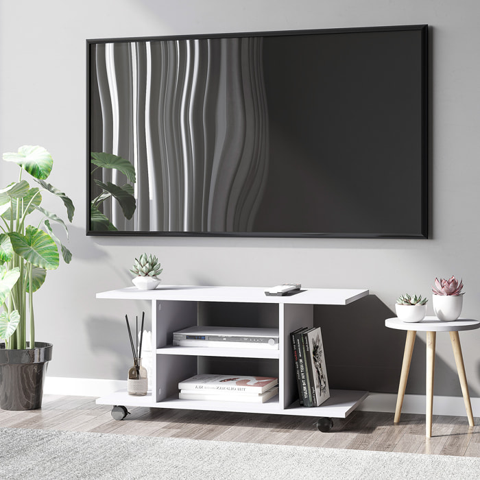Meuble TV bas à roulettes avec étagère panneaux de particules blanc