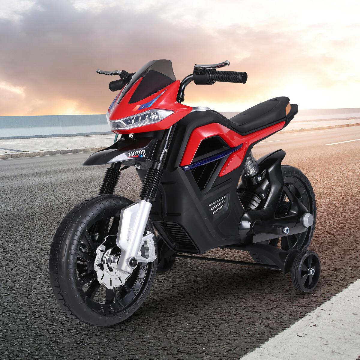 Moto électrique pour enfants 25 W 6 V 3 Km/h effets lumineux et sonores roulettes amovibles rouge