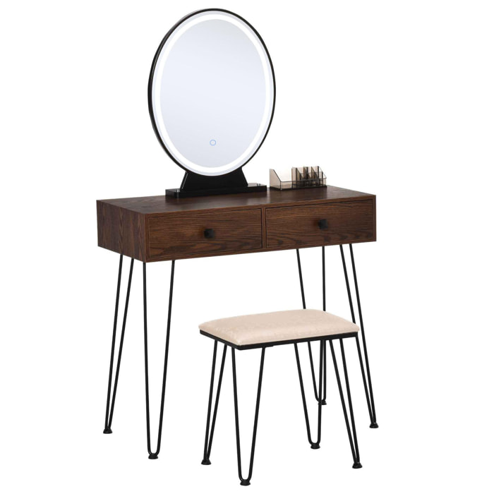 Coiffeuse design - miroir LED intégré - 2 tiroirs + 1 organisateur - tabouret inclus - métal noir MDF imitation bois noyer foncé