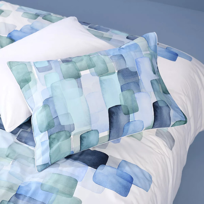 Lot de 2 taies percale de coton 115 g/m² imprimé bleu vert Ondine mineral