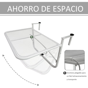 Mesa Colgante de Balcón con Brazo Regulable y Altura Ajustable en 3 Posiciones Marco Metálico Carga Máx. 30 kg 60x56x50 cm Blanco