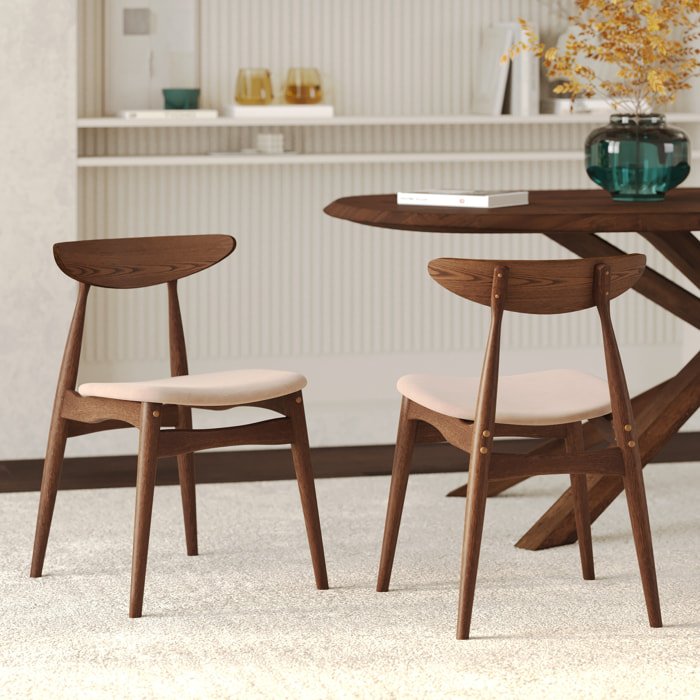 Lot de 2 chaises en tissu beige et bois d'hévéa - Josette