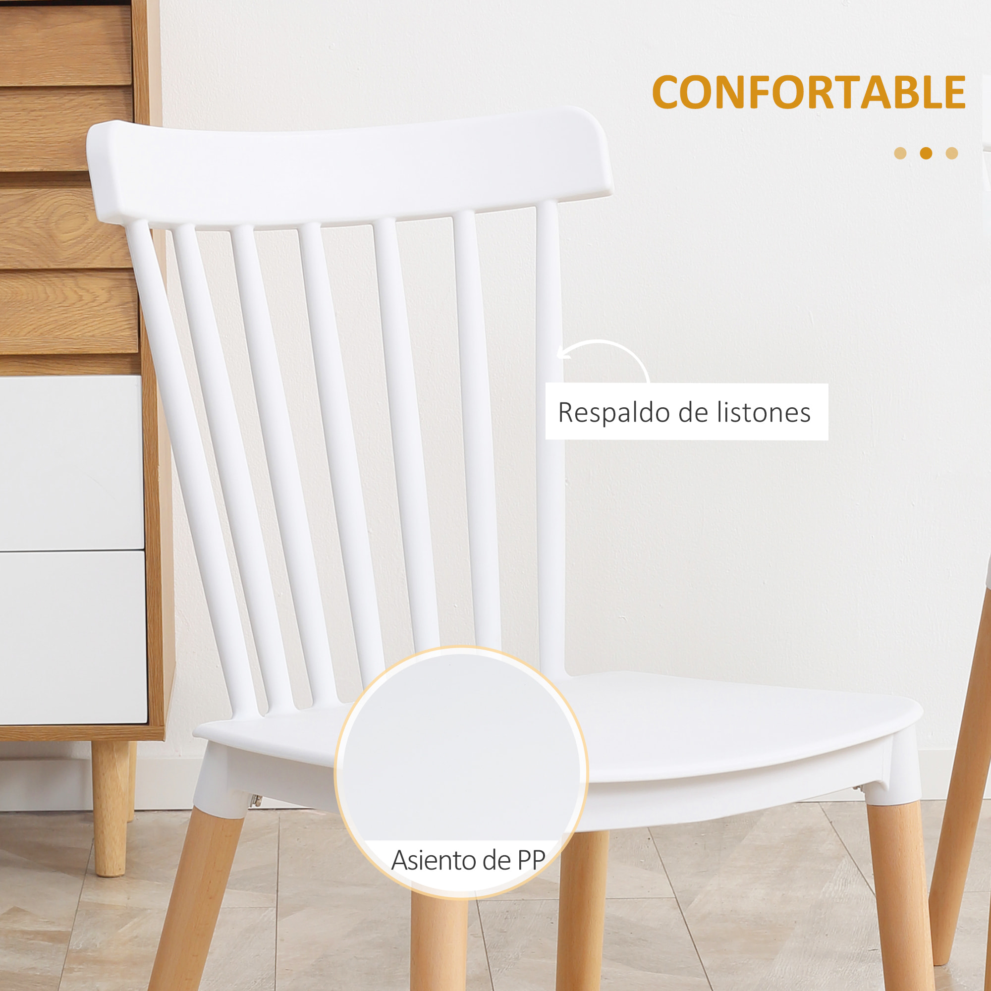 HOMCOM Juego de 4 Sillas de Comedor Estilo Nórdico Sillas de Cocina con Respaldo Alto Asiento de Polipropileno y Patas de Madera de Haya Carga 120 kg 43x52,5x83 cm Blanco