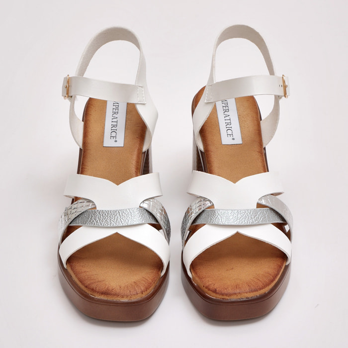 Sandali in simil pelle con tacco comodo quadrato e fasce bicolore