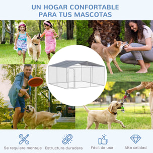 Perrera de Exterior con Toldo Anti-UV Impermeable Parque para Perros con Puerta con Pestillo y Marco de Metal Galvanizado para Patio Jardín Terraza 4x4x2,3 m Plata