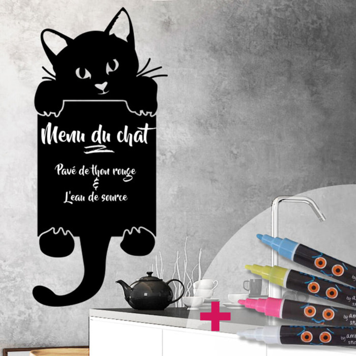 Sticker ardoise tableau noir - stickers muraux adhésif effaçable - CHAT FAIT COUCOU + 4 CRAIES LIQUIDES