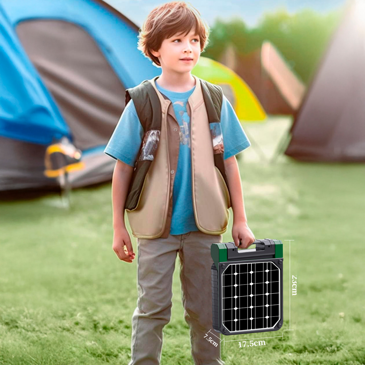 Ventilador x99 solar LED recargable con motor sin escobillas 9V, 16 LEDs (2W) y 4 velocidades. Velocidad del aire 4,5 m/s y hasta 2800 rpm. Función powerbank con doble batería de 2600 mAh.