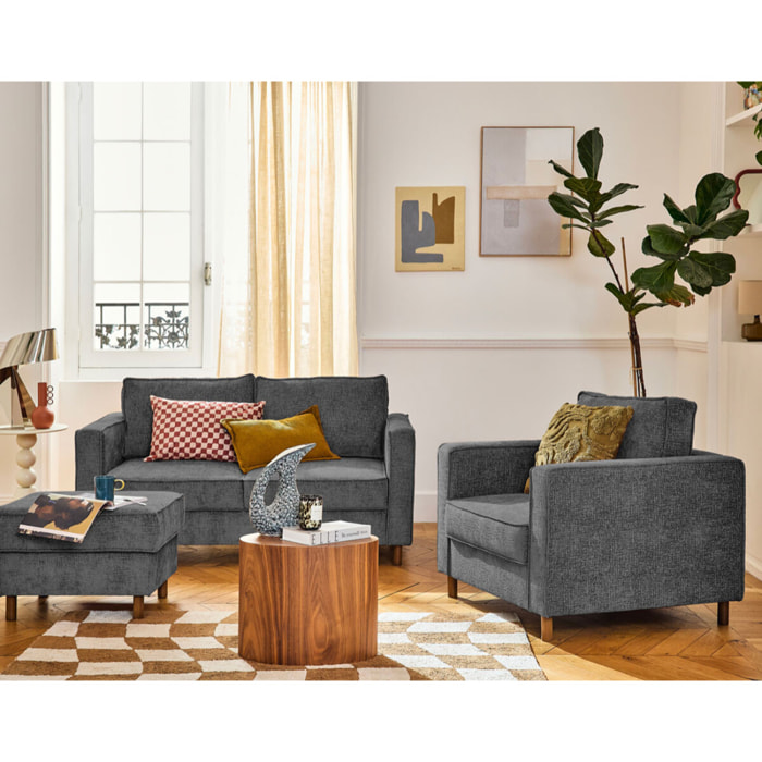 Jake - pouf en tissu velours relief - pieds en bois foncé - Gris Anthracite