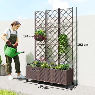 Jardinière avec treillis sur roulettes auto-arrosage PP marron
