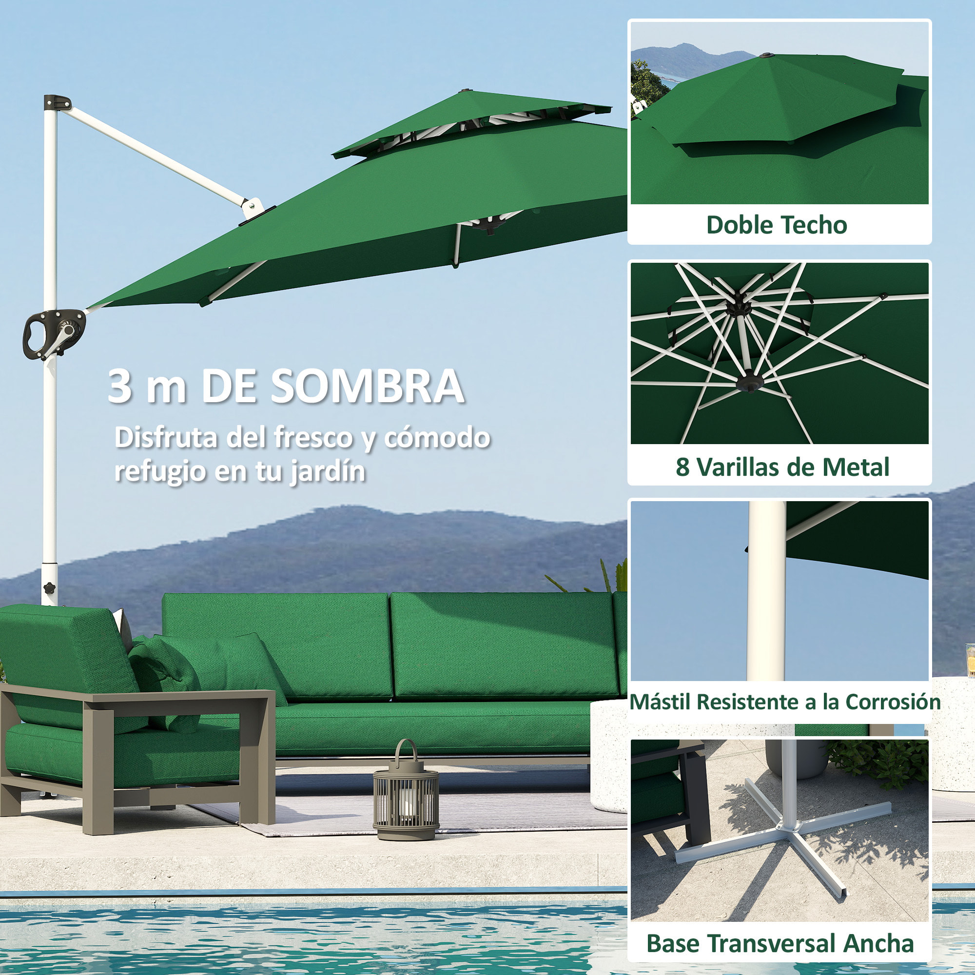 Sombrilla de Jardín Ø292 cm Parasol Excéntrico con Manivela Giratorio 360° Inclinación Ajustable Doble Techo y Base Cruzada Sombrilla para Terraza Exterior Patio Verde Oscuro