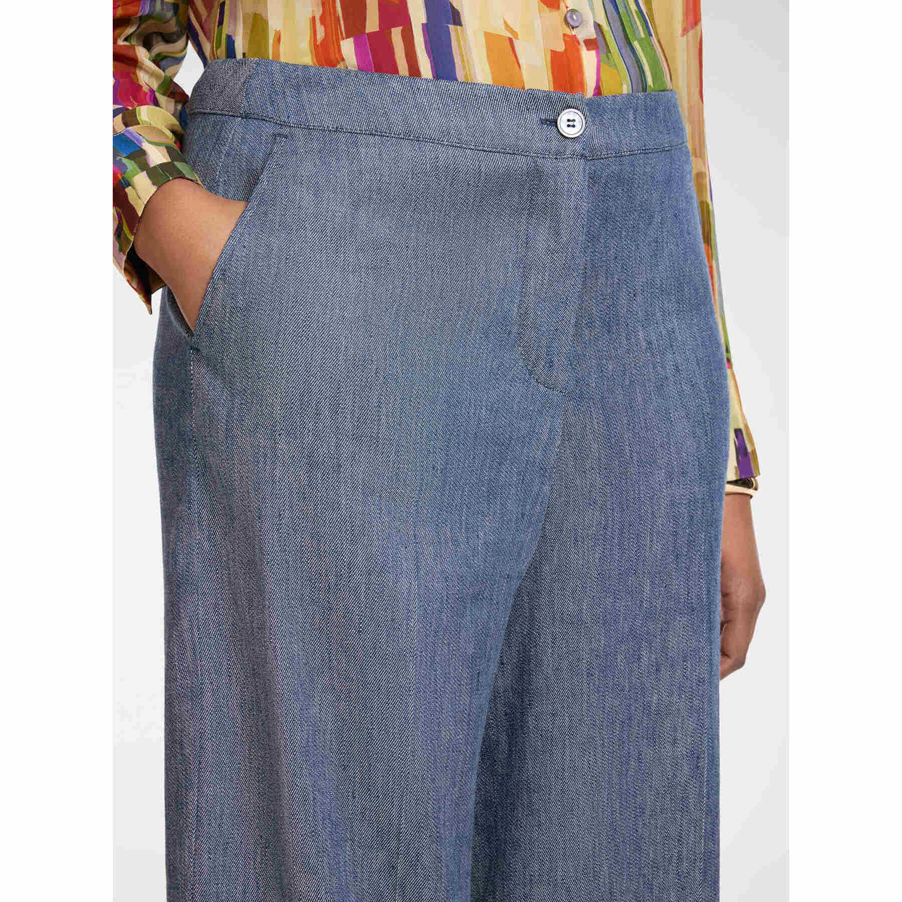 Elena Mirò - Pantaloni cropped in lino effetto denim - Blu