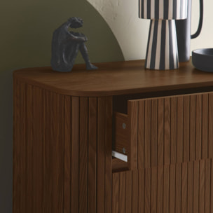 Commode 4 tiroirs. décor strié noyer. L 80x P 45  H 100cm