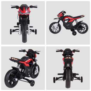 Moto électrique pour enfants 25 W 6 V 3 Km/h effets lumineux et sonores roulettes amovibles rouge